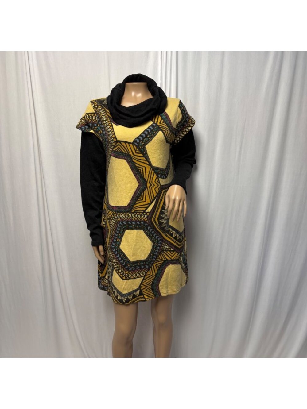 24Seven Comfort Knit Dress Size Large Black Yellow Cowl Neck Long Sleeves NEW